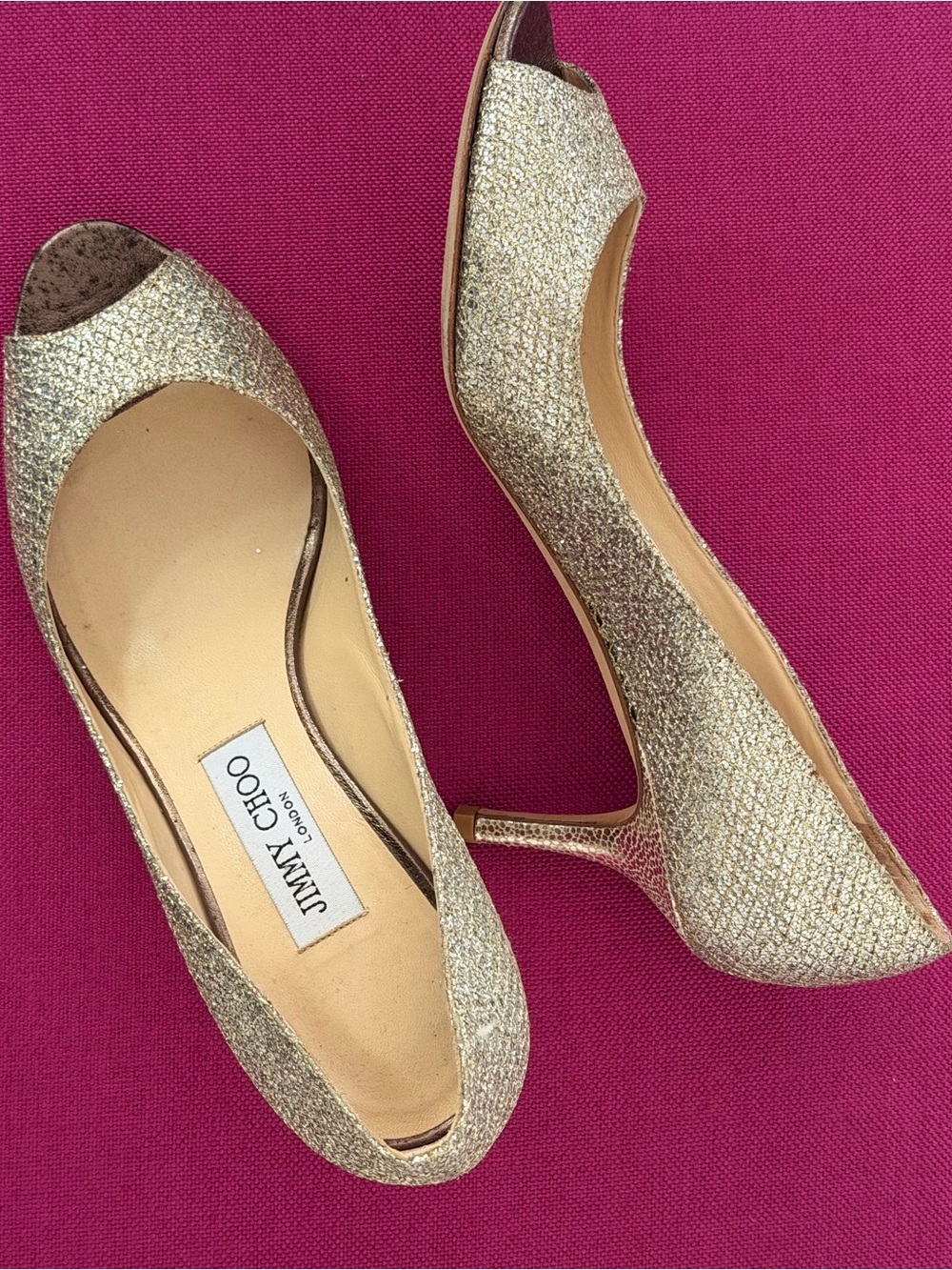 Jimmy Choo Gold Glitter Peep-Toe Heels